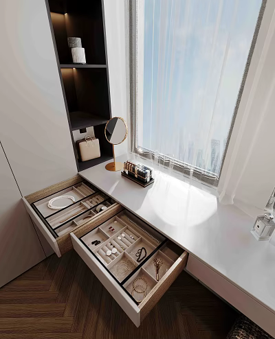 Elegant Walk In Closet Interior With Open Drawers Jewelry Cosmetics And Natural Light 3d model
