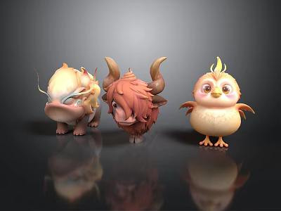 Adorable 3D Cartoon Animal Characters With Horns Fluffy Fur And Wings 3d model