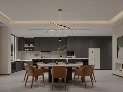 Modern Minimalist Open Concept Dining And Living Space With Integrated Kitchen And Stylish Pendant Light 3d model