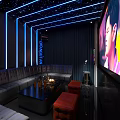 Modern Bar Interior with Red Blue Neon Lights Tables Candles Black Sofas and Floor Reflections