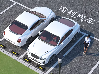 White Bentley Cars Parked In Parking Lot With Female Staff Member 3d model
