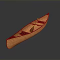 Wooden Canoe With Paddle Seats And Red Trim On Dark Reflective Surface