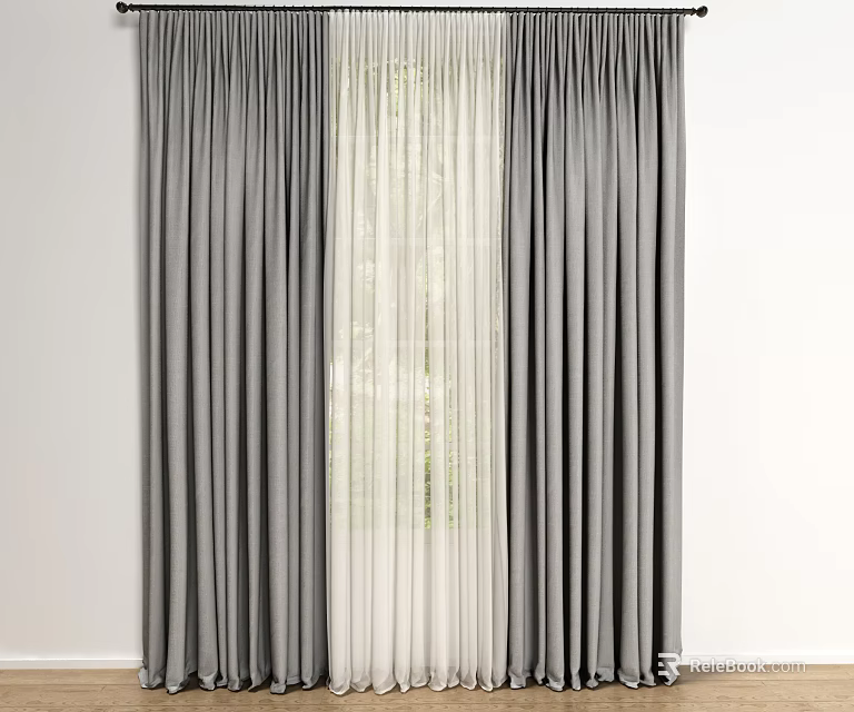 Modern Gray Curtains With White Sheer Panel For Interior Decoration 3d model 