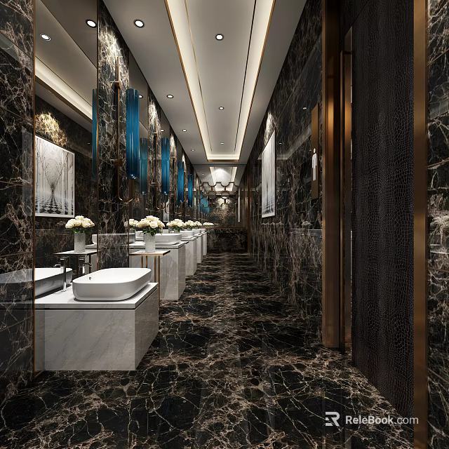 Luxurious Hotel Bathroom Interior With Marble Walls Vanity Mirrors And Modern Decor 3d model 