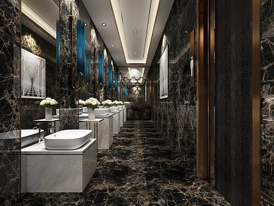 Luxurious Hotel Bathroom Interior With Marble Walls Vanity Mirrors And Modern Decor 3d model