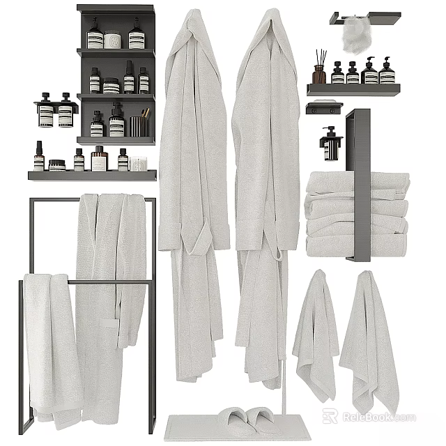 Modern Bathroom Towels Hanging And Folded On Racks With Accessories And Bottles 3d model 