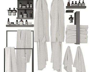 Modern Bathroom Towels Hanging And Folded On Racks With Accessories And Bottles 3d model