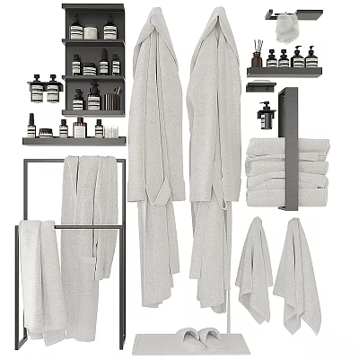 Modern Bathroom Towels Hanging And Folded On Racks With Accessories And Bottles 3d model