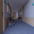 Spacious Elevator Hallway With Wooden Doors Green Signs Dark Carpet And Rest Chairs