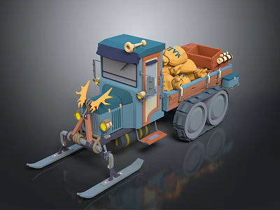 Cartoon Snow Truck with Blue Orange Design Tracks Skis and Loaded Yellow Items 3d model