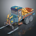 Cartoon Snow Truck with Blue Orange Design Tracks Skis and Loaded Yellow Items