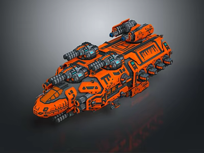 Futuristic Orange Sci Fi Spaceship With Multiple Cannons And Mechanical Details 3d model