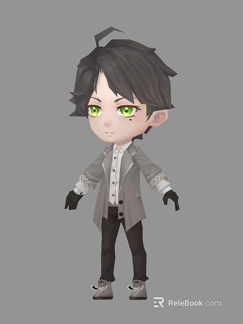 Chibi Boy Character With Green Eyes Dark Short Hair Gray Coat And Black Gloves 3d model 