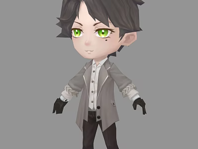 Chibi Boy Character With Green Eyes Dark Short Hair Gray Coat And Black Gloves 3d model
