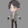 Chibi Boy Character With Green Eyes Dark Short Hair Gray Coat And Black Gloves