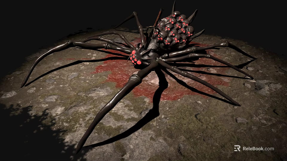 Large Black Reptile With Red Spots On Mossy Stone Surrounded By Red Liquid 3d model 