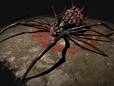 Large Black Reptile With Red Spots On Mossy Stone Surrounded By Red Liquid 3d model