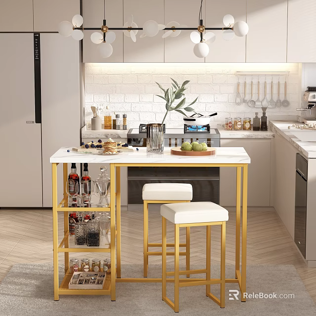 Kitchen Island Set With Gold Frame White Countertop And Bar Stools 3d model
