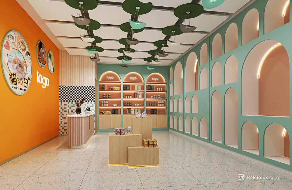 Shopping Mall Store Interior With Orange Walls Green Archways Decorative Lights And Wooden Display Stands 3d model 