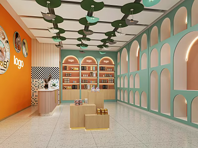 Shopping Mall Store Interior With Orange Walls Green Archways Decorative Lights And Wooden Display Stands 3d model
