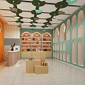 Shopping Mall Store Interior With Orange Walls Green Archways Decorative Lights And Wooden Display Stands
