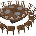 Round Wooden Dining Table And Chair Set With White Plates And Tableware 3d model