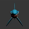 Cartoon Blue Shark Toy with Big Eyes Open Mouth White Belly and Dark Background Reflection