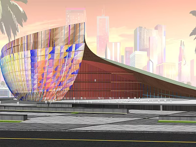 Modern Building With Colorful Glass Facade And City Skyline Background 3d model