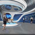 Modern Tech Exhibition Hall With Blue Globe Robot And Visitors In Modern Design