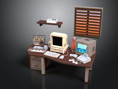 Vintage Computer Desktop Setup With Monitor Keyboard Mouse Printer Radio And Retro Tech 3d model