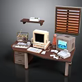 Vintage Computer Desktop Setup With Monitor Keyboard Mouse Printer Radio And Retro Tech