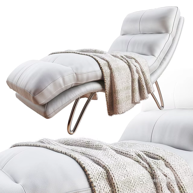 Modern White Leather Recliner with Metal Legs and Soft Knitted Blanket 3d model 