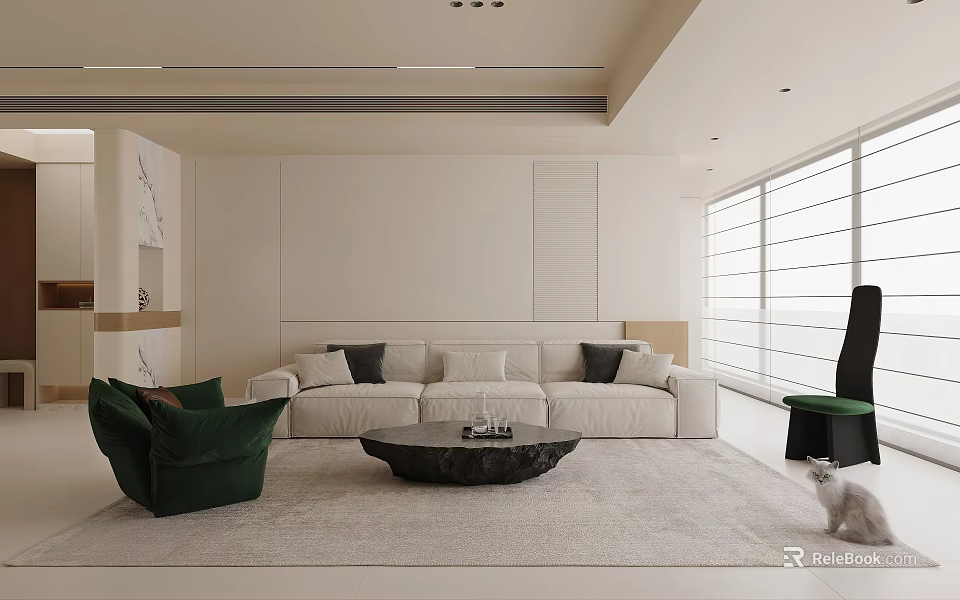 Modern Living Dining Room Interior With White Sofa Black Cushions Green Armchair And White Cat 3d model 