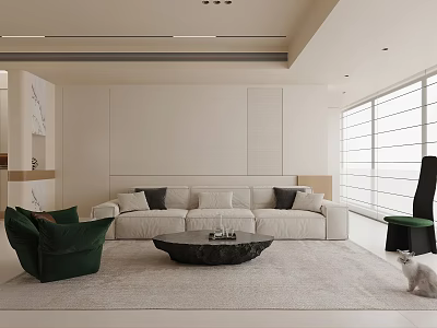 Modern Living Dining Room Interior With White Sofa Black Cushions Green Armchair And White Cat 3d model