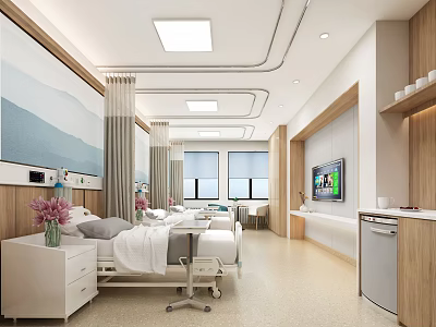 Modern Hospital Ward With Beds Medical Equipment TV Wooden Cabinets Windows Natural Light And Flowers 3d model
