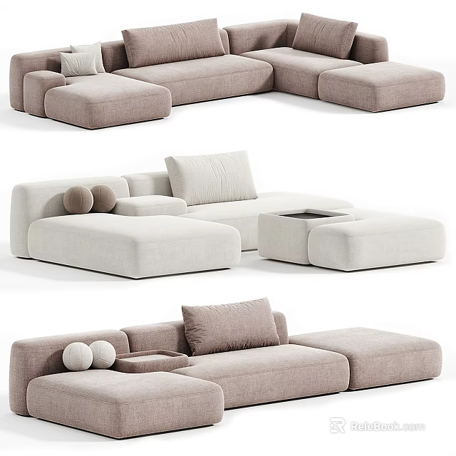 Modern Neutral Tone Fabric Sectional Sofa with Modular Design Soft Cushions and Ottoman Pieces 3d model 