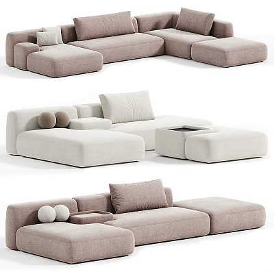 Modern Neutral Tone Fabric Sectional Sofa with Modular Design Soft Cushions and Ottoman Pieces 3d model
