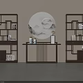 Chinese Style Interior With Wooden Bookcases Round Landscape Mirror And Console Table