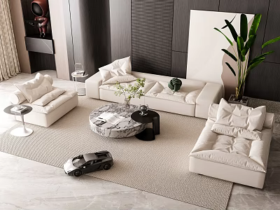 Modern Living Room Interior With White Sofa Marble Coffee Table Green Plant And Area Rug 3d model