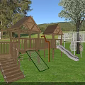 Wooden Outdoor Playground Equipment With Slide Climbing Net And Swing Set In Grass Area With Trees