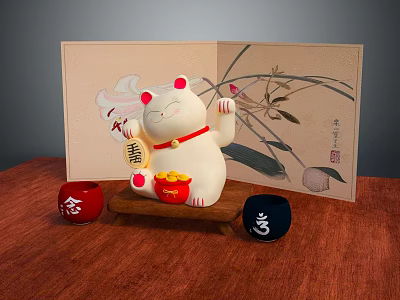 Traditional Decorative Ornament Set with Maneki Neko Red Black Cups and Floral Screen Painting 3d model