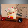 Traditional Decorative Ornament Set with Maneki Neko Red Black Cups and Floral Screen Painting