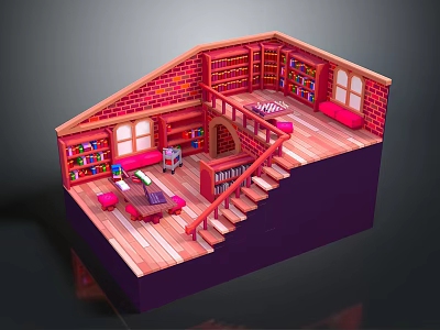 Cozy 3D Model Room with Brick Walls Bookshelves Full of Books Wooden Floor and Staircase 3d model