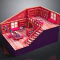 Cozy 3D Model Room with Brick Walls Bookshelves Full of Books Wooden Floor and Staircase