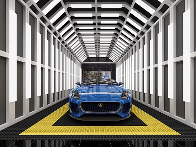 Modern Tunnel Featuring Blue Convertible Sports Car With White Gray Grid Yellow Anti Slip Mat 3d model
