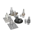 Transparent Glass Cups and Bottles Collection with Various Shapes on Metal Trays