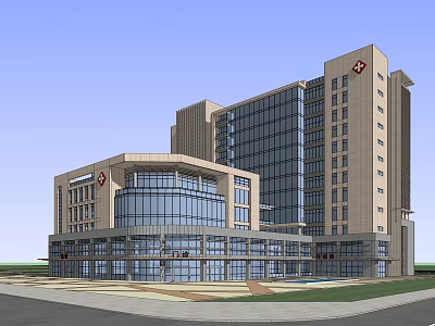 Modern Hospital Building Exterior Design With Glass Curtain Wall And Red Cross Symbol 3d model