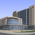 Modern Hospital Building Exterior Design With Glass Curtain Wall And Red Cross Symbol