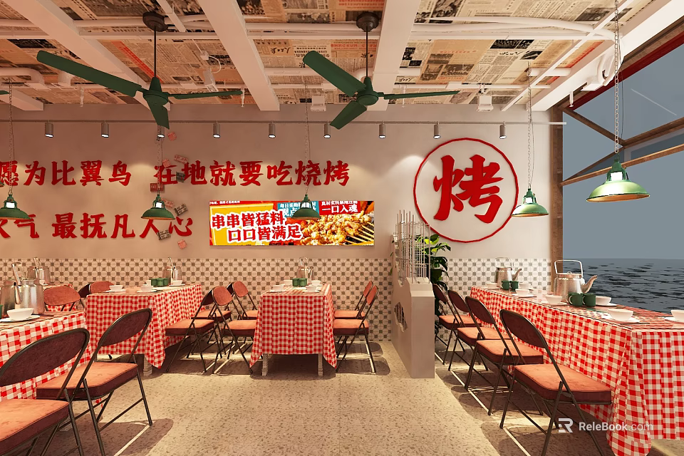 Barbecue Restaurant Interior Featuring Red Checkered Tablecloths Ceiling Fans Fresh Ingredients And Wall Signs 3d model 