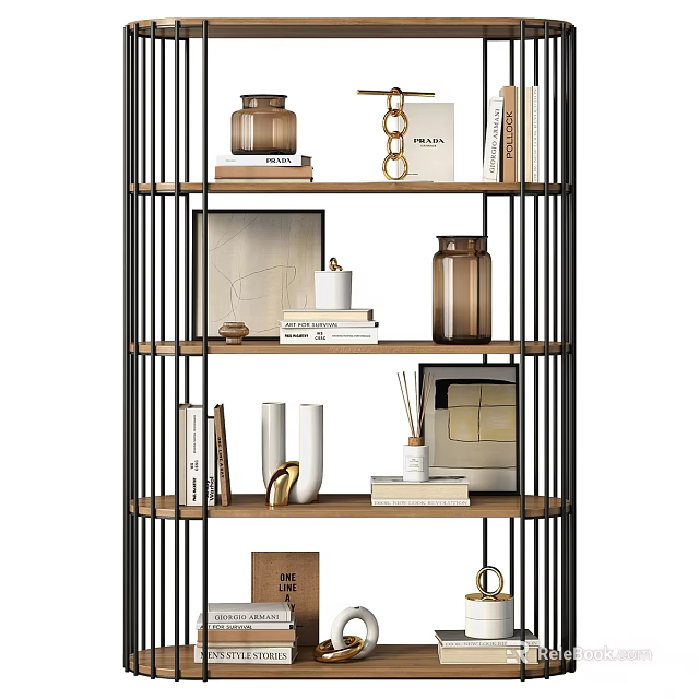 Modern Shelving Unit With Wooden Shelves Black Metal Frame And Decorative Books Vases Photo Frames 3d model 